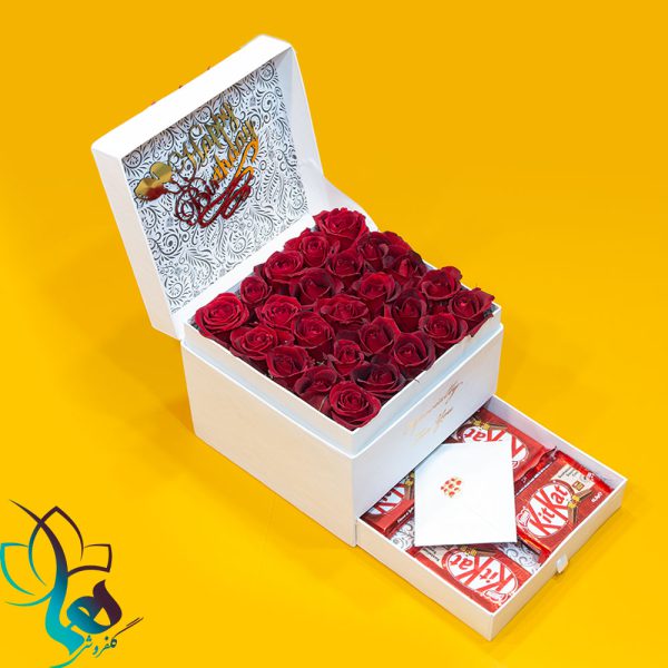 باکس گل رز و شکلات ولنتاین - جعبه گل سورپرایزی کشودار
