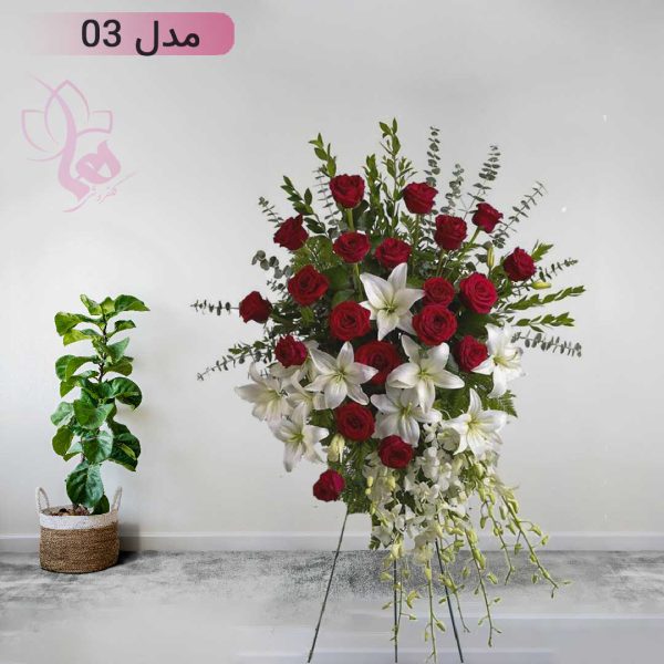 تاج گل افتتاحیه اروپایی مدل 03 - تاج گل فلزی با گل های قرمز و سفید
