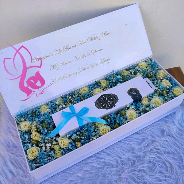 باکس گل و ساعت مردانه برای تولد اقا - خرید باکس گل رز و عروس آبی